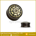 Fashion Brass Inlayed Wooden Ear Plugs Tunnel Piercing Body Jewelry